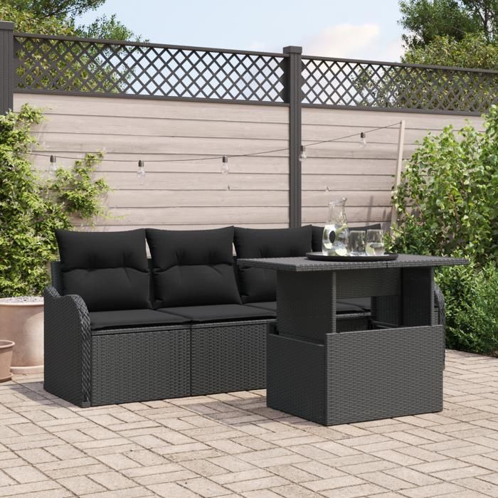 Ensemble de canapé de jardin 5 pièces vidaXL avec coussins en poly rattan noir, Canapé de jardin 2 places vidaXL 3357106