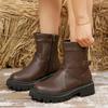 Fashion Leather Side Zipper Short Boots for Women Cross Border Round Toe Thick Soled Belt Buckle Rider Leather Boots