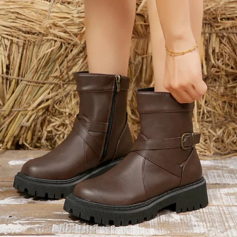 Fashion Leather Side Zipper Short Boots for Women Cross Border Round Toe Thick Soled Belt Buckle Rider Leather Boots