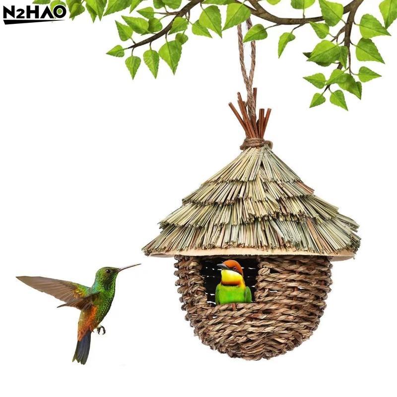 1Pc Outdoor Natural Grass Bird House Handmade Weaved Hummingbird Cage Nest Shelter for Garden Balcony Bedroom Decoration