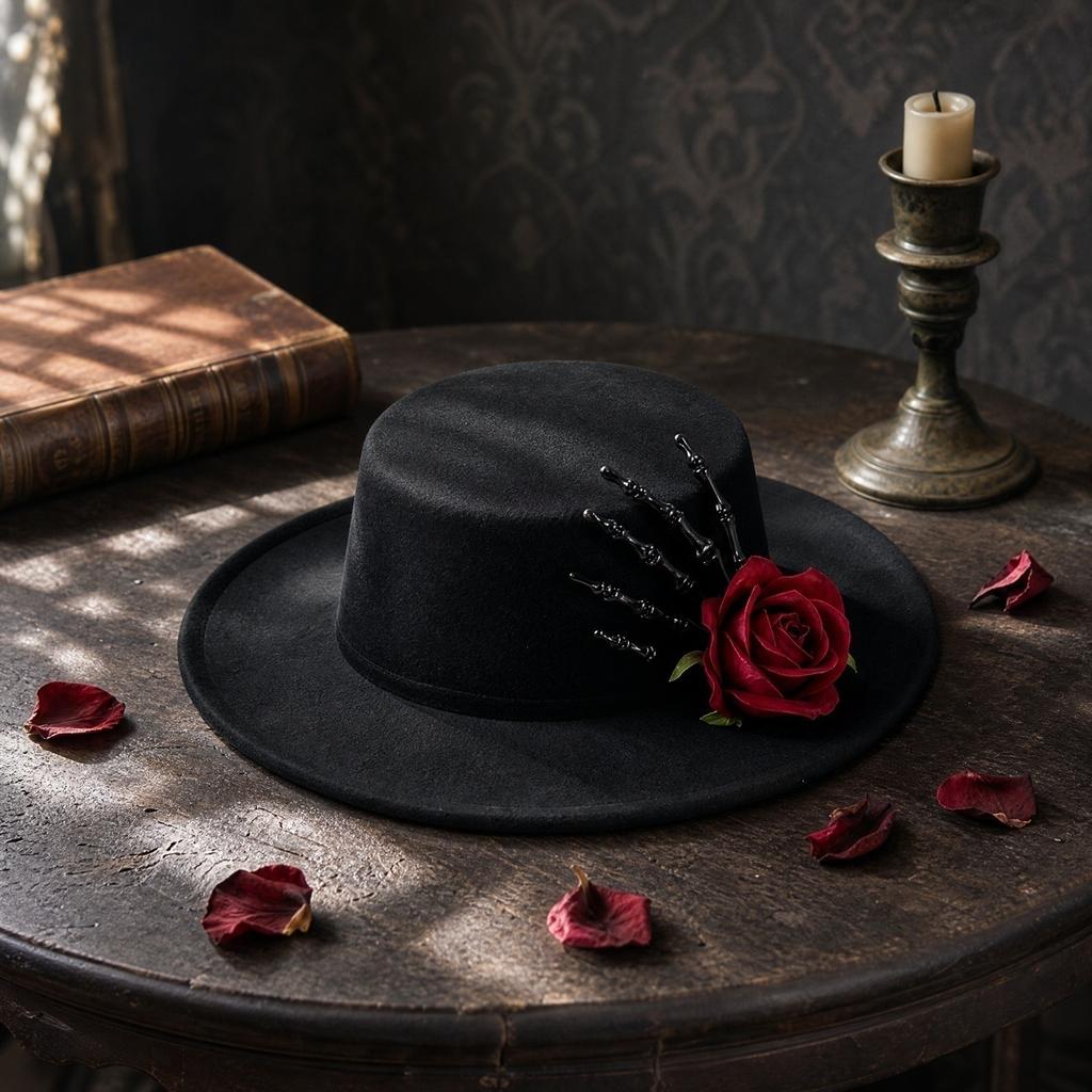 Halloween Wool Top Hat with Hand and Red Rose Decoration