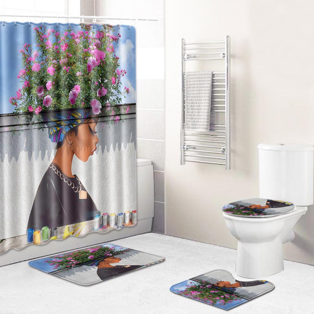 African American Women'S Bathroom Non-Slip Floor Mat, Shower Curtain Combination Carpet, European And American Wind Explosion Female Fixed Zhi