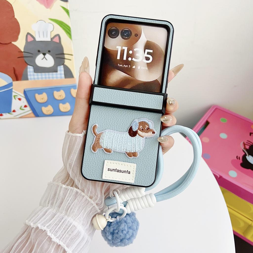 Cartoon Sausage Dog PU Leather Phone Case for Motorola Razr 70+ 60 50 Razr 70 60 50 Ultra Wrist Strap Hinge Protection Cover