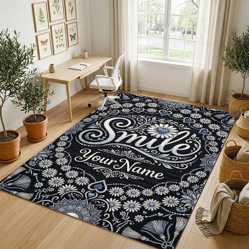 Floral Theme Soft Crystal Velvet Rug Custom Name & Text Print Non Slip Floor Rug for Bedroom Living Room