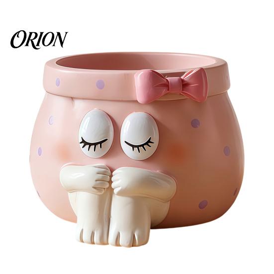Desktop Storage Accessories Cute Cartoon Girl Pen Holder, Resin Makeup Brush Decorative Statue Organizer with Bow Design, Sundries Bucket for