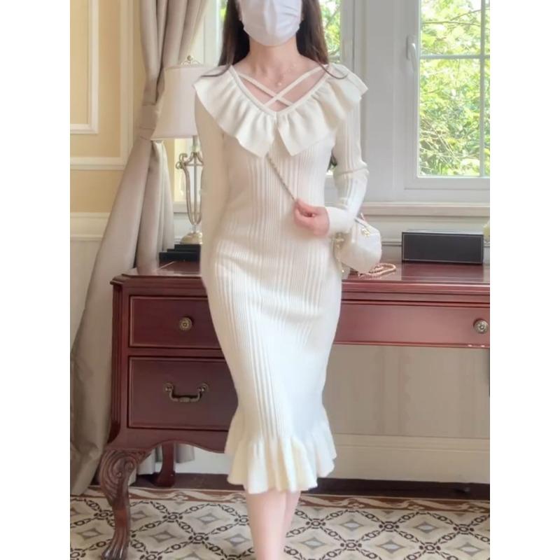 

New retro coffee break sweet first love knitted dress small niche design temperament Muse Fan S белый