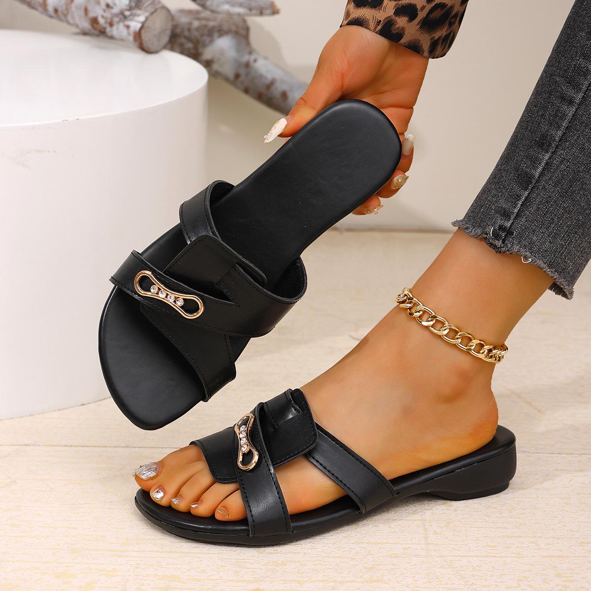 

2025 сезон новые однотонные женские туфли с открытым носком и плоской подошвой, однотонные классные тапочки, повседневные тапочки со стразами 43 чёрный