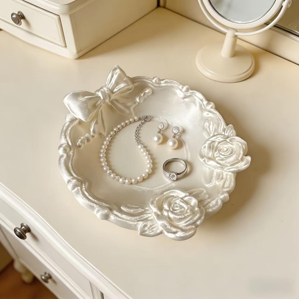 1Pc 3D Printed Pearl White Bow Rose Tray Vintage Embossed French Light Luxury Jewelry Storage Tray Dressing Table Decorative Plate, Rose Bow