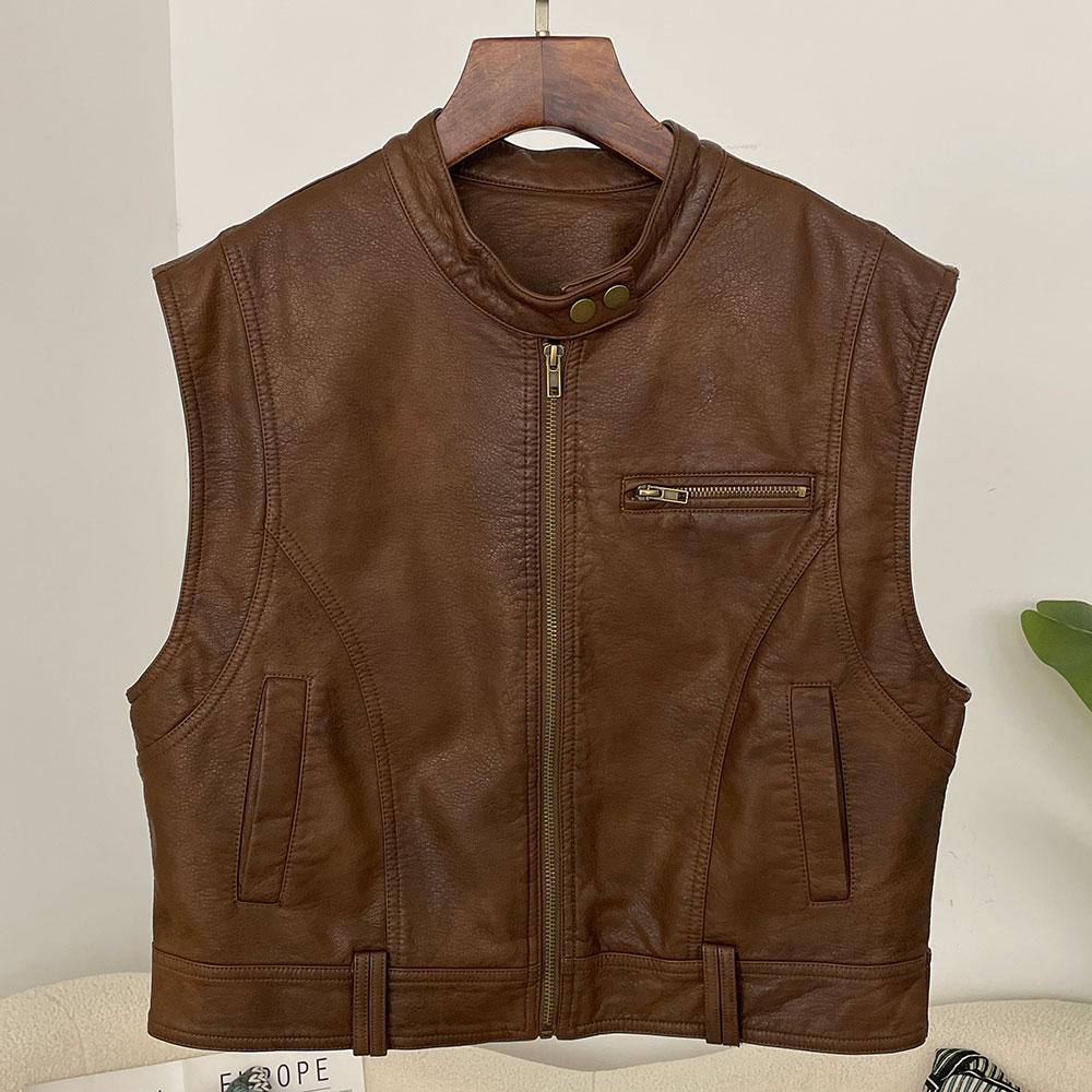 

OFTBUY Женская винтажная свободная короткая куртка из искусственной кожи с поясом, мотоциклетная куртка, женская молния, ретро-байкерское пальто, верхняя одежда, топы L коричневый