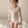 2025 Kids' Girls Long Sleeve Backless Swimsuit, Heart Design, Lace, Sizes S-M-L