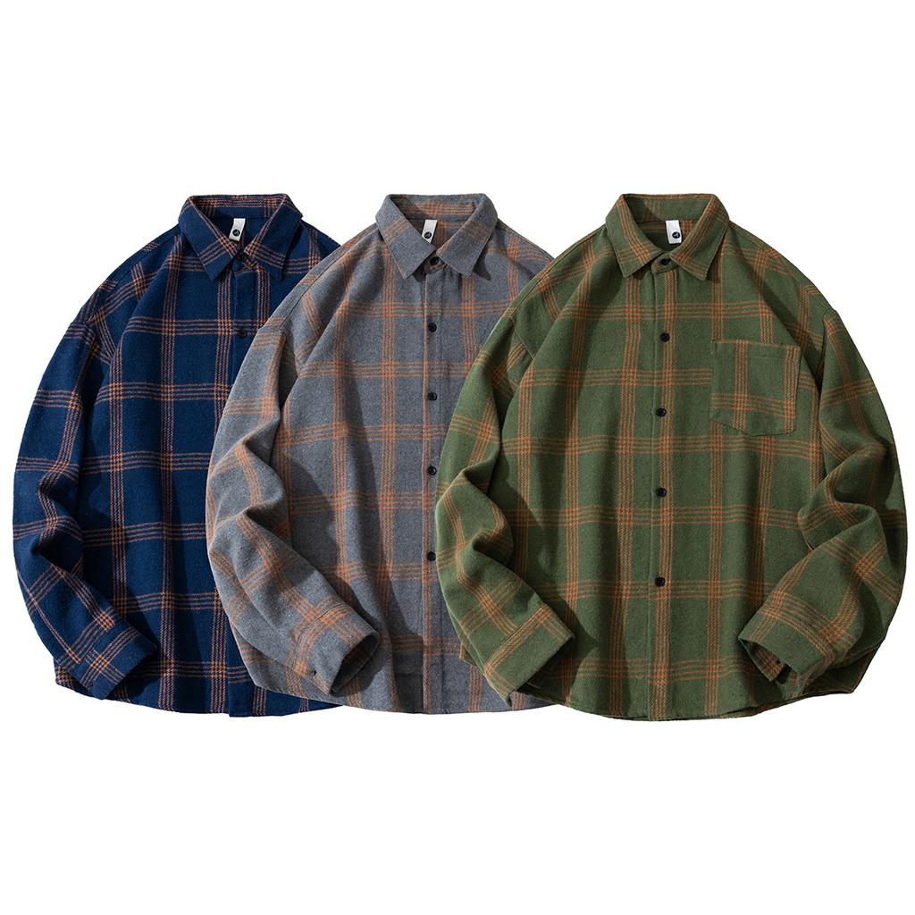 Autumn Men'S Thickened Plaid Abraded Long Sleeve Shirt Men'S Casual Lapel Shirt