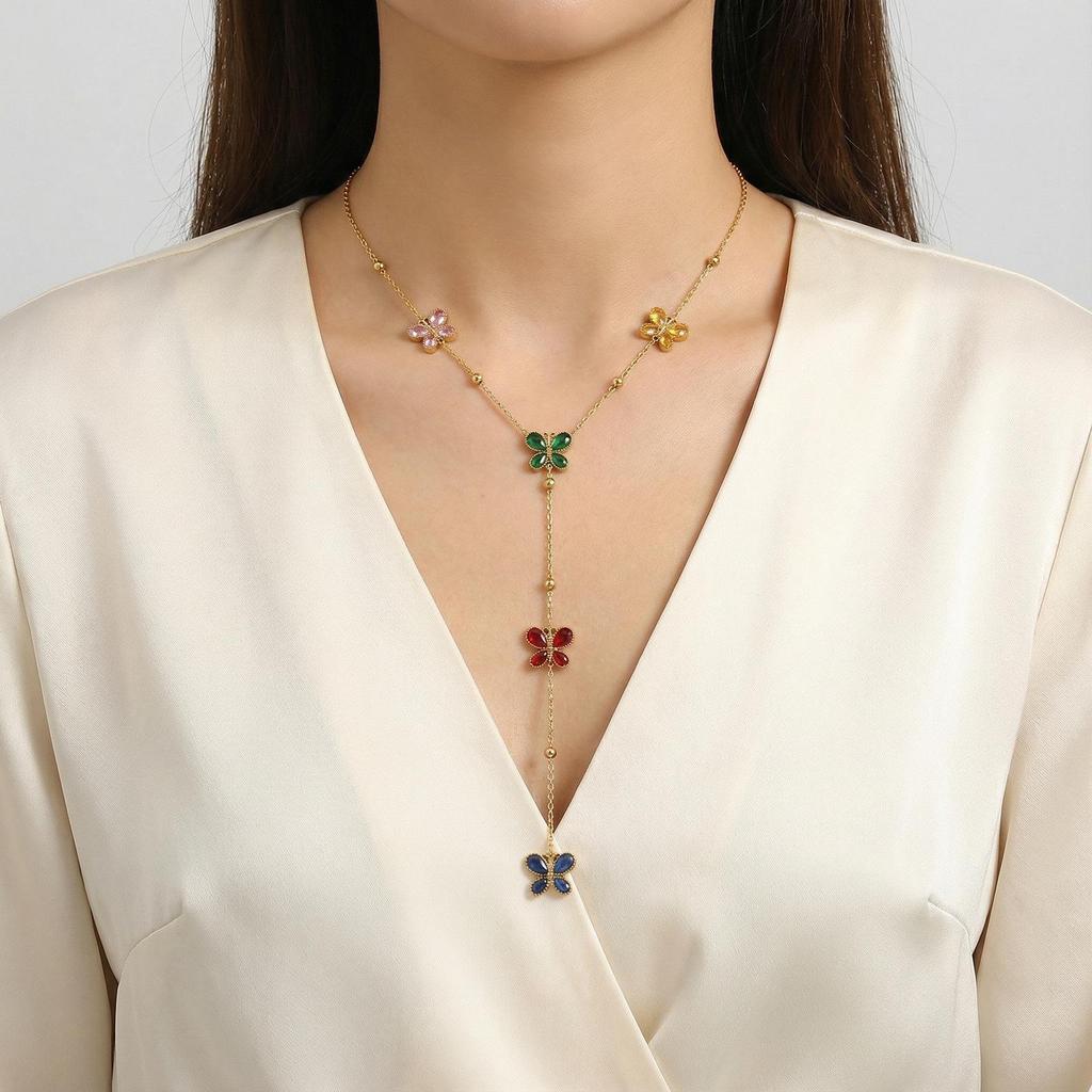 Gradient Cubic Zirconia Mini Butterfly Pendant on Gold Chain Luxury Necklace