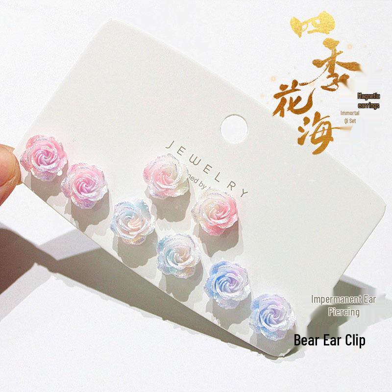 Cherry Blossom Pink Camellia Stud Earrings - Cute & Sweet Set with Magnetic Clips, Fresh Style.