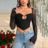 European and American Sexy Hollow Tops, Popular Women's Mesh See-through Horn Sleeves, Long-sleeved Zipper T-shirt Tops
