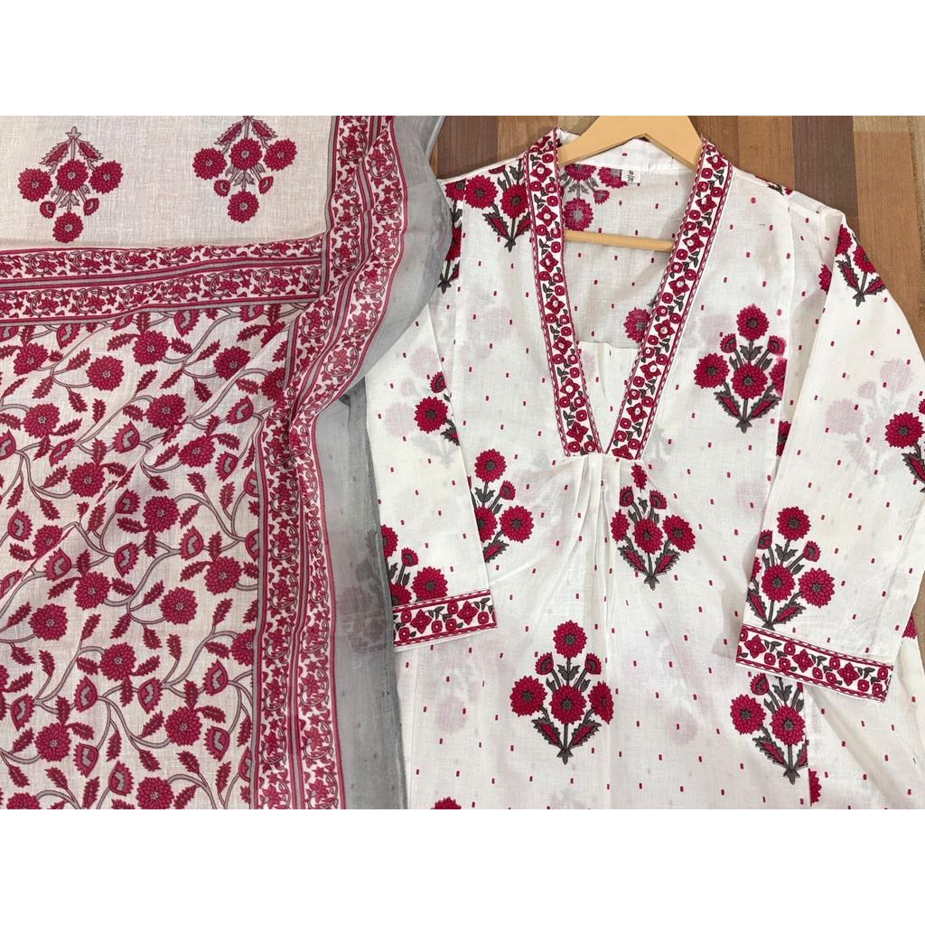 Floral Printed Aline Kurti Pant Dupatta Set Indian Women' Ethnic Kurta Set Dress