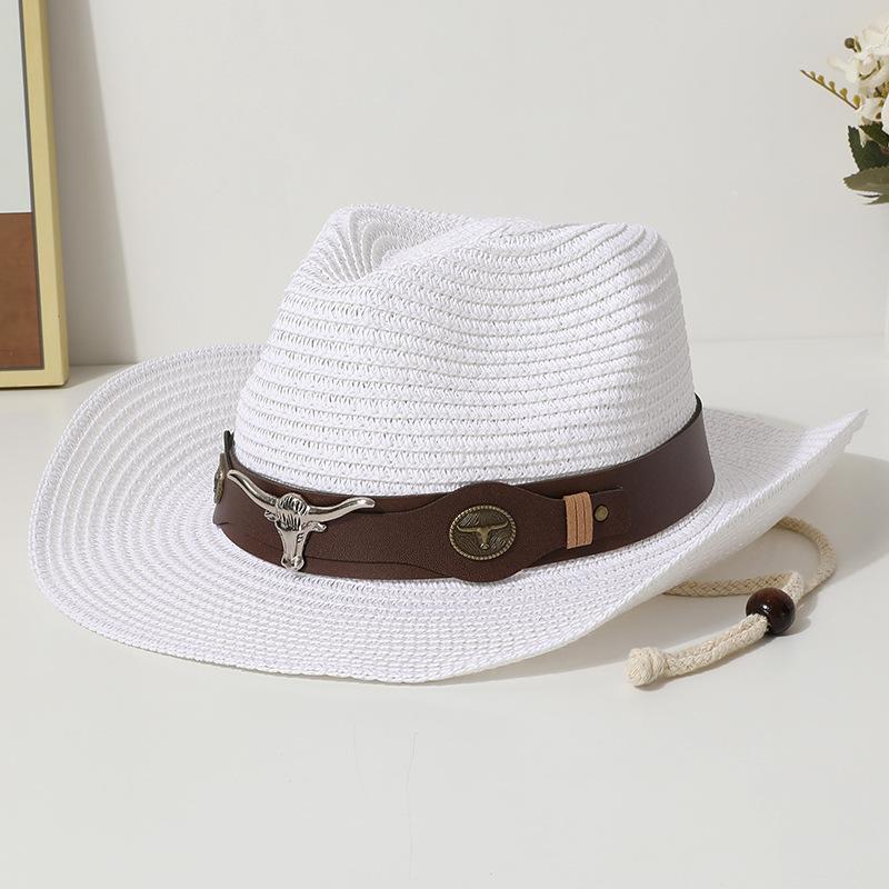 Vintage Western Straw Cowboy Hat Unisex With Belt Buckle Decoration Outdoor Beach Vacation Wide Brim Sun Hat Holiday Gift