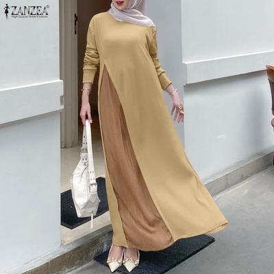 Women Casual Round Neck Loose Long Sleeve Patchwork Dress