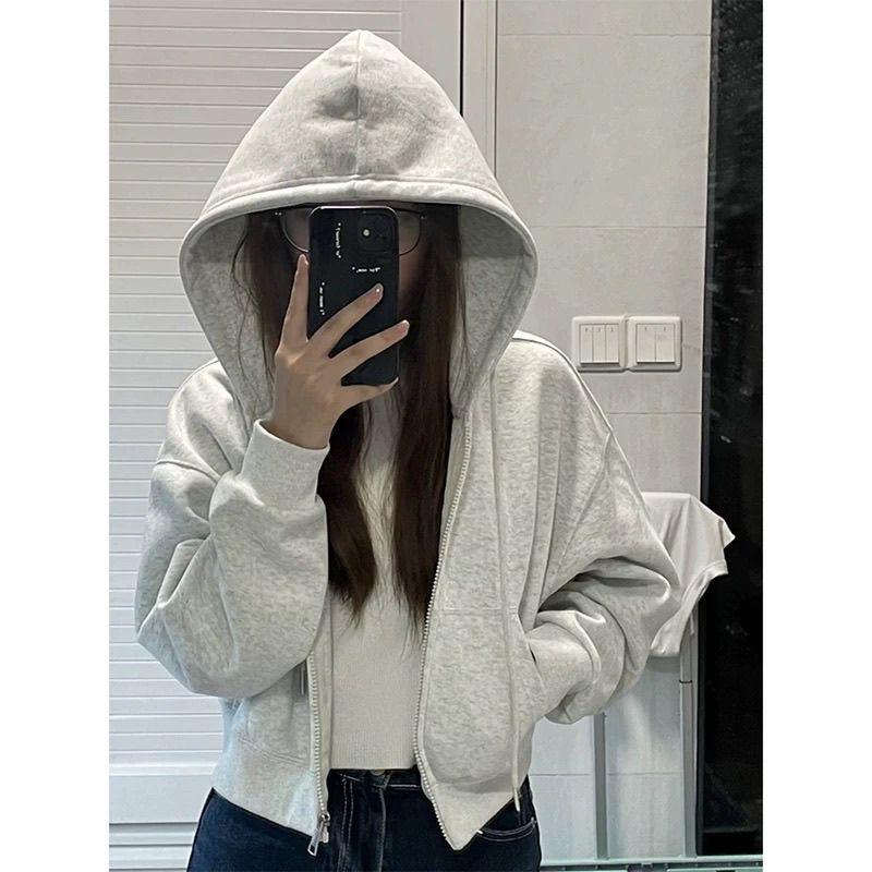 Women's Gray Slim-Fit Hooded Zip-Up Sweatshirt Jacket - Spring & Autumn Cardigan