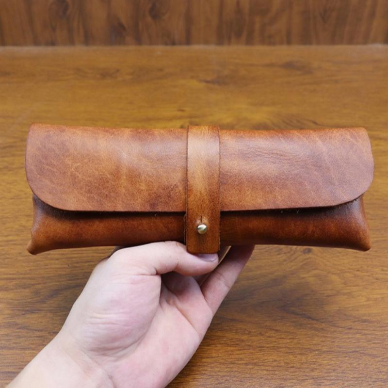 Korean Style Vintage Vegetable Tanned Leather Long Wallet Pencil Case Large Capacity Multi-Purpose Stationery Eyeglass Holder