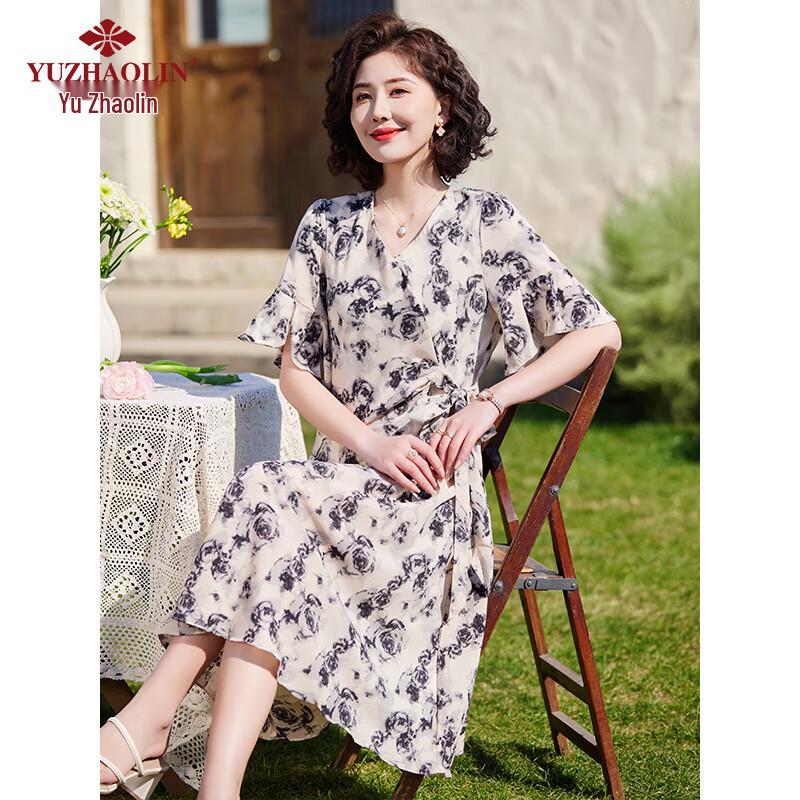 Yu Zhaolin Women's Short Sleeve Floral A-Line Dress