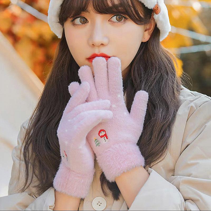 Women's Touch Screen Gloves Embroidered Snowman Cute Imitation Mink Warm Knitted Plush Autumn and Winter Cold-proof Finger Gloves