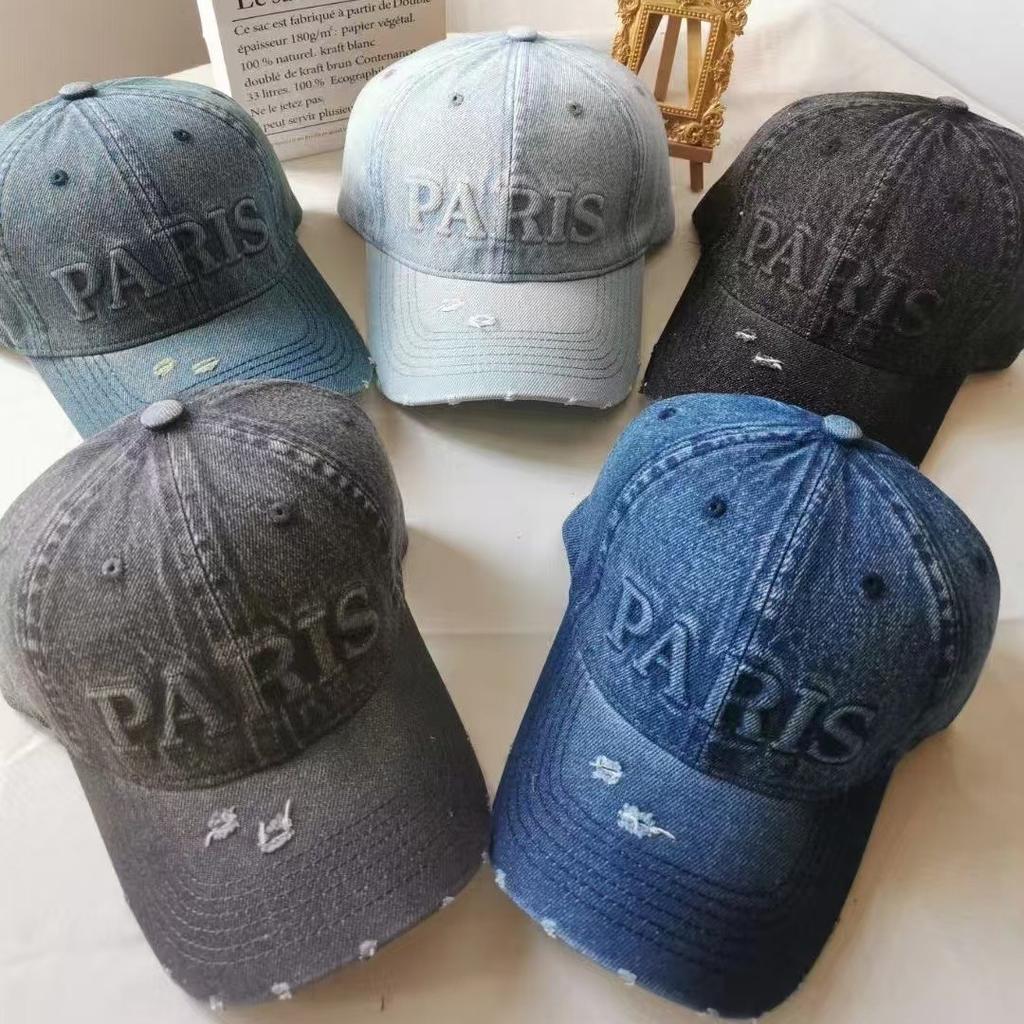 Retro and old washed baseball cap men's soft top ripped letter cap showing face small sunshade cowboy hat