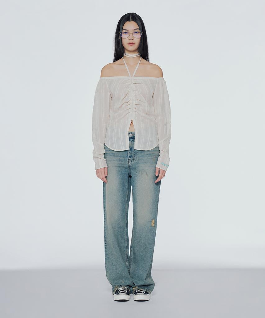 INSTANTFUNK Off-Shoulder Shirred Blouse