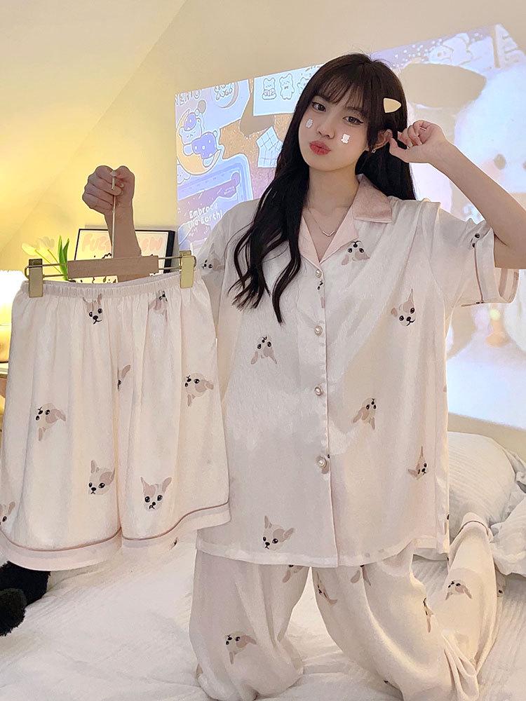 

2025 Women s High-End Ice Silk Three-Piece Set: Summer Thin Short Sleeve Home Wear XXL [135-160 lbs]