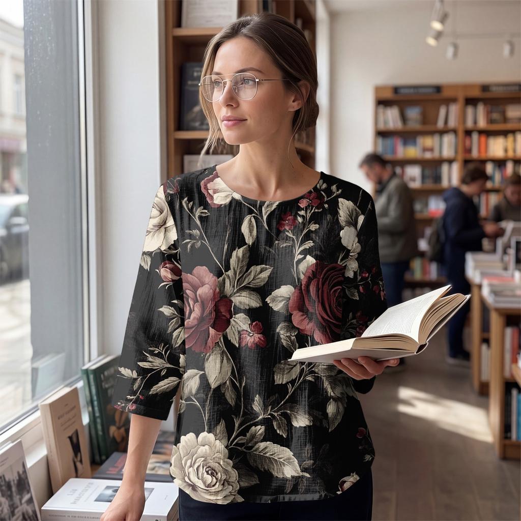Blusa da Donna Casual con Stampa Floreale, Girocollo, Manica a Tre Quarti, Lino e Cotone, Top Leggero e Comodo per l'Uso Quotidiano