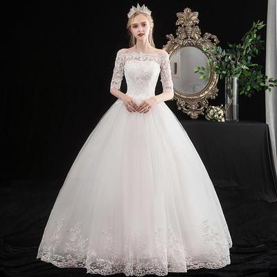 2025 Simple Korean Off-Shoulder Mid-Sleeve Plus Size Bridal Dress for Spring/Summer