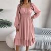 Women's Casual Solid Color Square Neck Long Sleeve Cinched Waist Ruffled A-line Skirt Dress