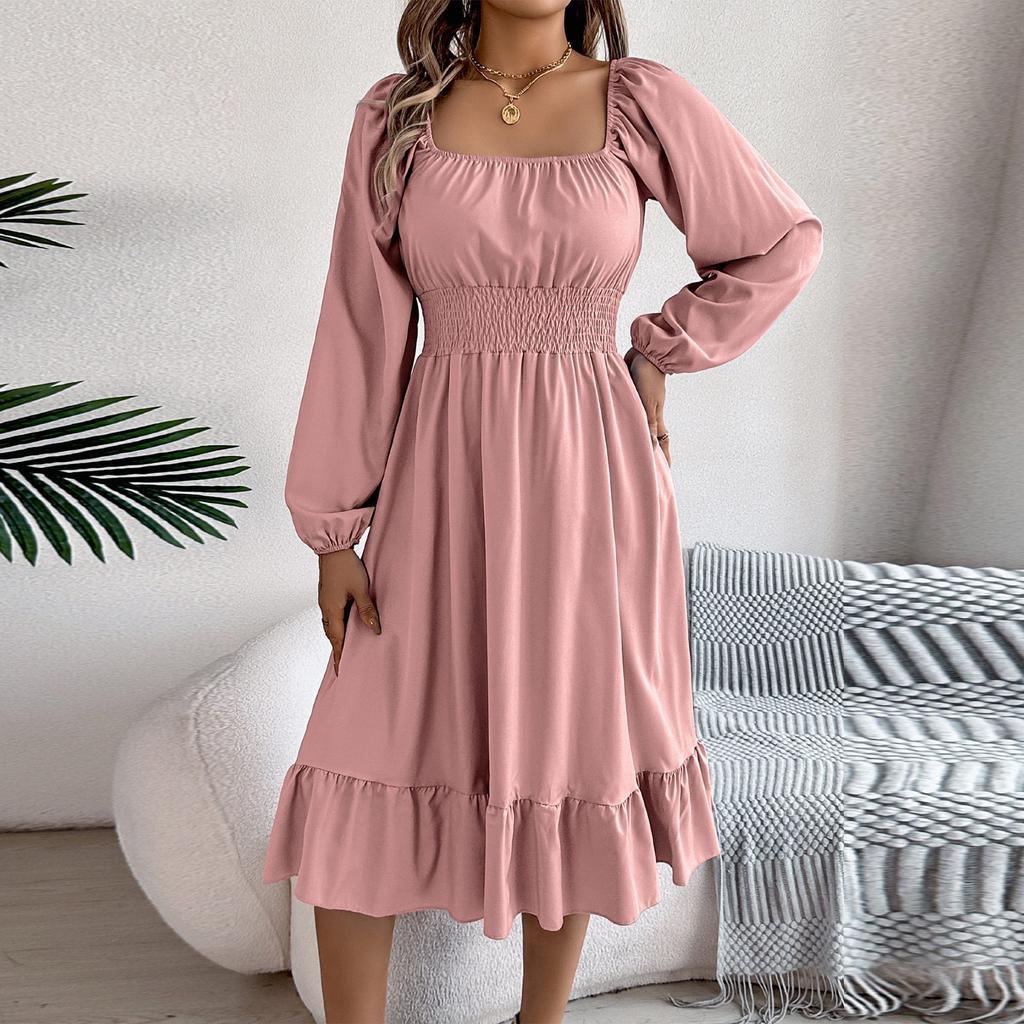 Women's Casual Solid Color Square Neck Long Sleeve Cinched Waist Ruffled A-line Skirt Dress