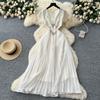 French high-end V-neck small flying sleeves with diamonds, bow waist temperament dress, women's summer thin pleated skirt