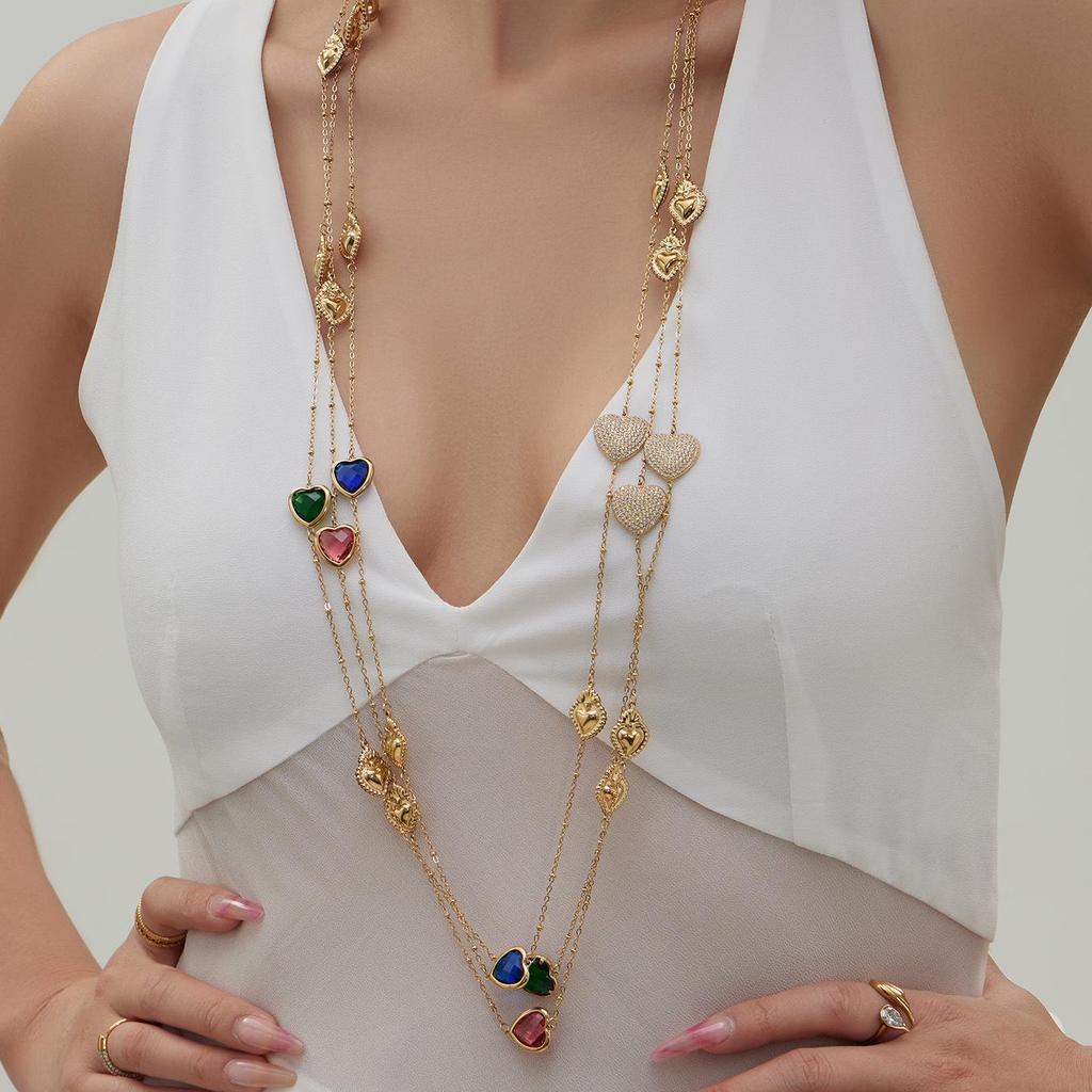 Colorful Heart Glass Stone Tassel Earrings & 18K Gold Plated Stainless Steel Necklace