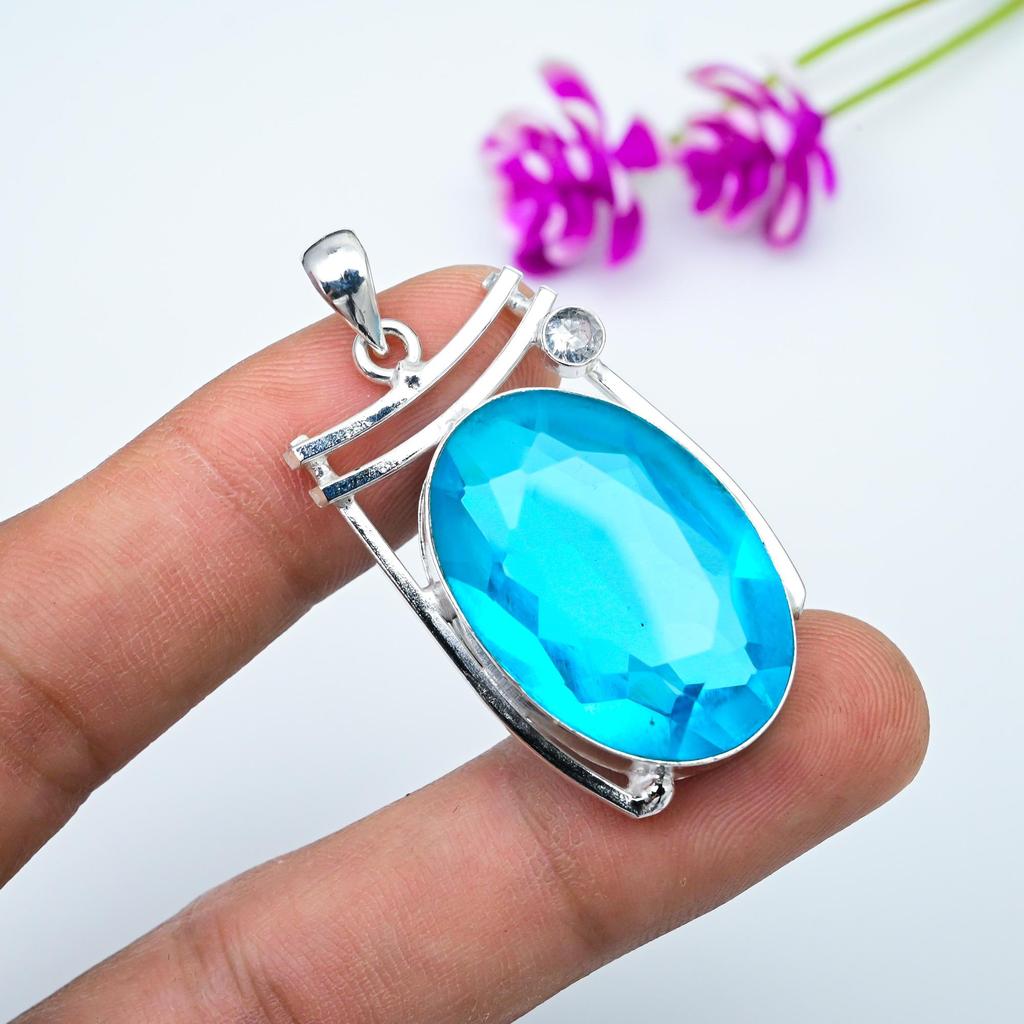 Blue Topaz, White Topaz Pendant, 925 Solid Sterling Silver Jewelry, Gemstone Pendant, Gift For Her Handmade Dainty Jewelry