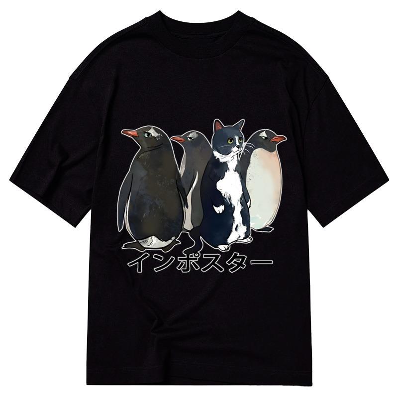 Men's Pure Cotton Holiday T-shirts Casual Penguins And Cat Printing Classic Tees Oversized Short Sleeve O-neck Harajuku