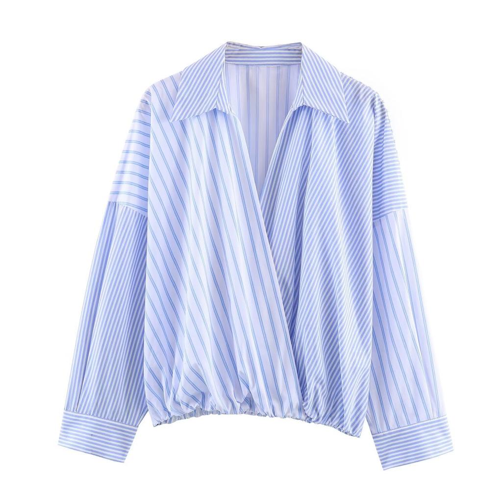 European and American style, new women's clothing, foreign style, fashionable patchwork striped poplin shirt 3897070