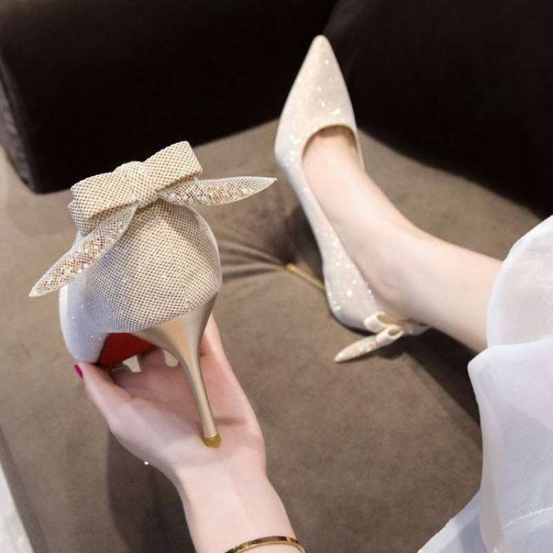 French high heels female stiletto student 18-year-old girl small fresh silver bridesmaid shoes light color wedding shoes wedding photo