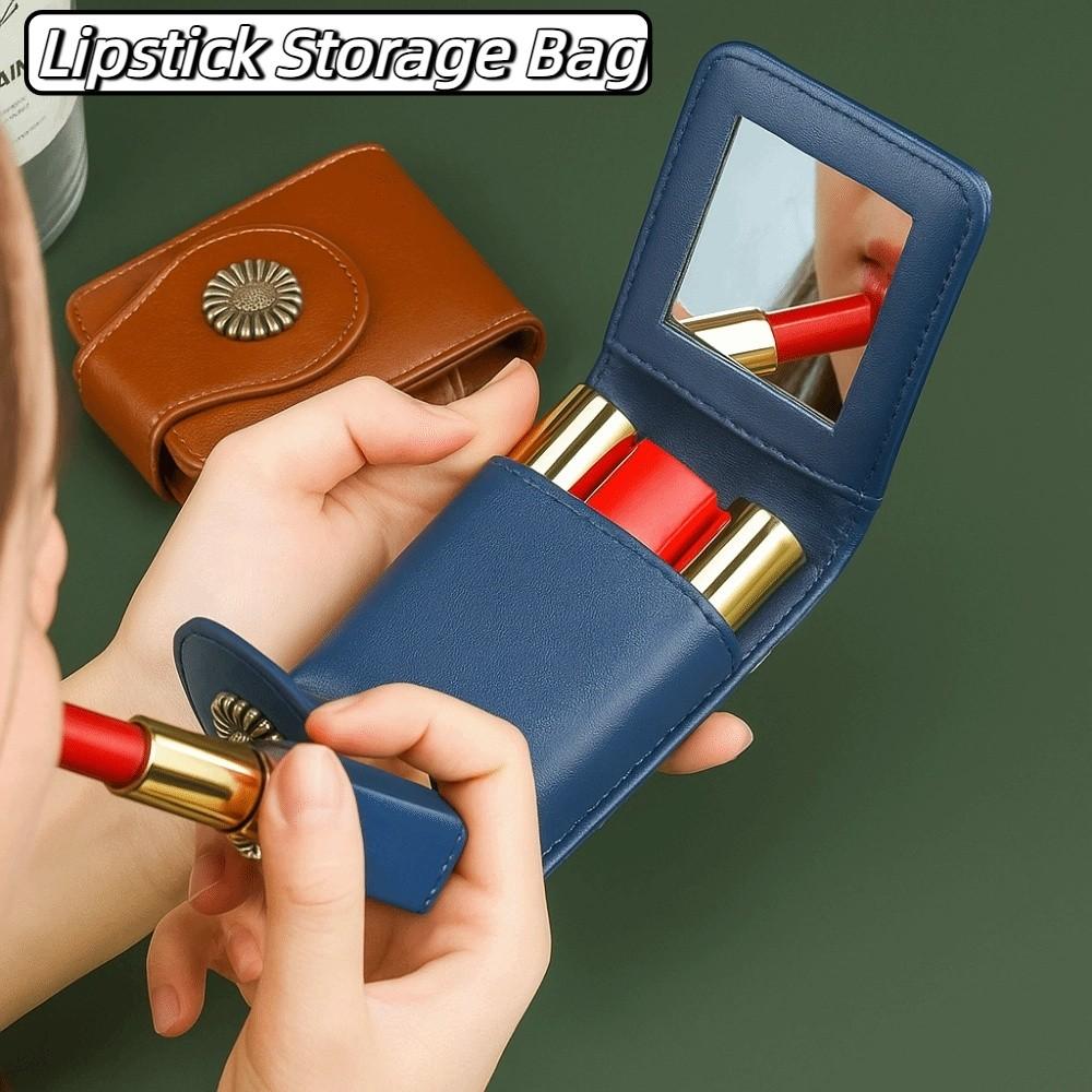PU Leather Makeup Bag with Mirror Lipstick Storage Mini Storage Bag  Student