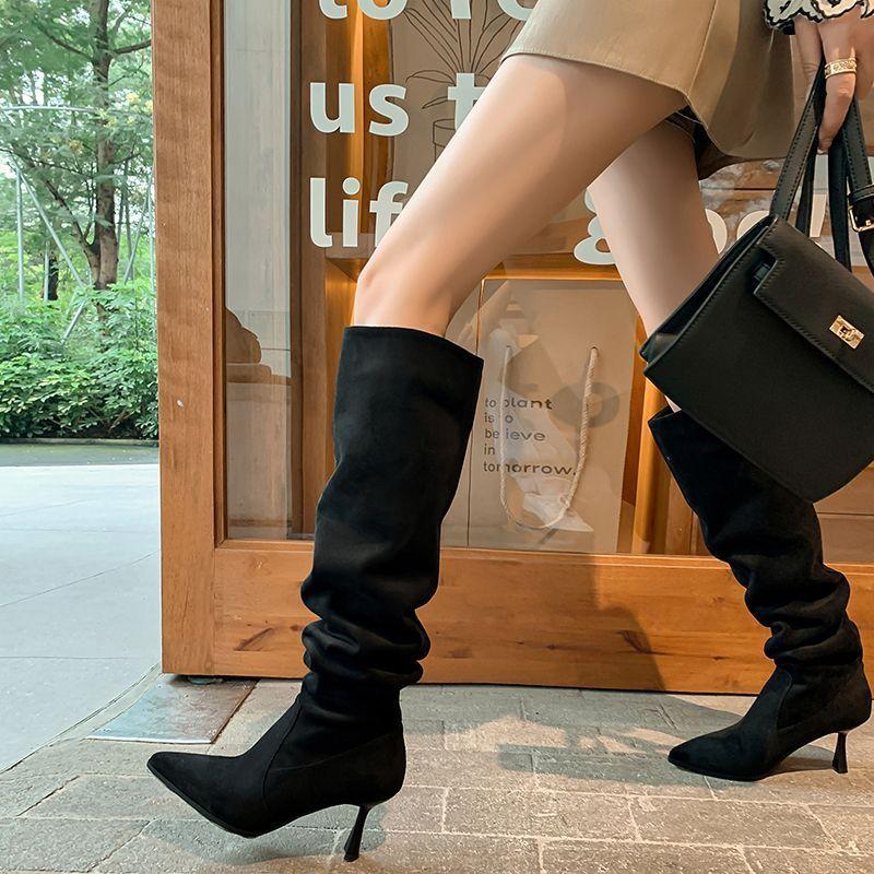 

Khaki Suede Pointed Thin Heel Boots Women s Pleated Pile Boots Maillard Loose High Boots High Heel Boots 40