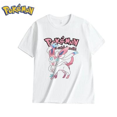 Pokémon Anime Sylvein Peripherie Bedrucktes Baumwoll Schwarz T-Shirt Sommer Herren und Damen Locker Harajuku Lässig Kurzärmeliges Oberteil
