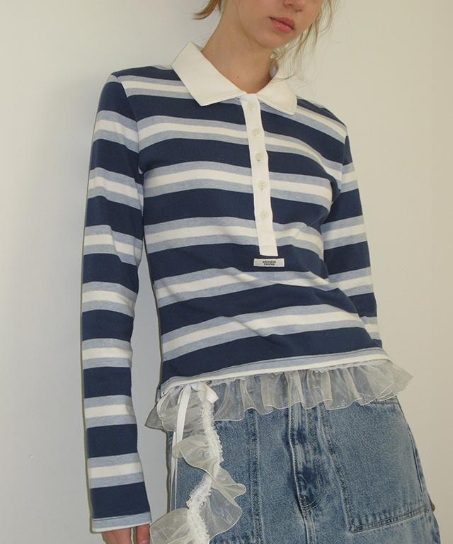 RONRON Henryneck Collar Slim Long Sleeve Blue Stripe