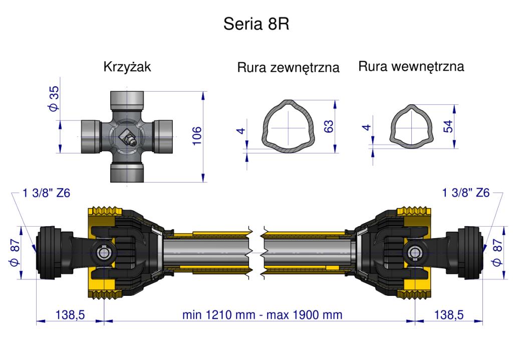 PTO Shaft 1210-1900mm 1240Nm CE 2020 Series 8R Waryński