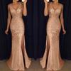 High Slit Dress Women Sequin Prom Party Elegant Lady Backless Sexy Dress Ladies Gold Elegant Bridesmaid V Neck Long Dress