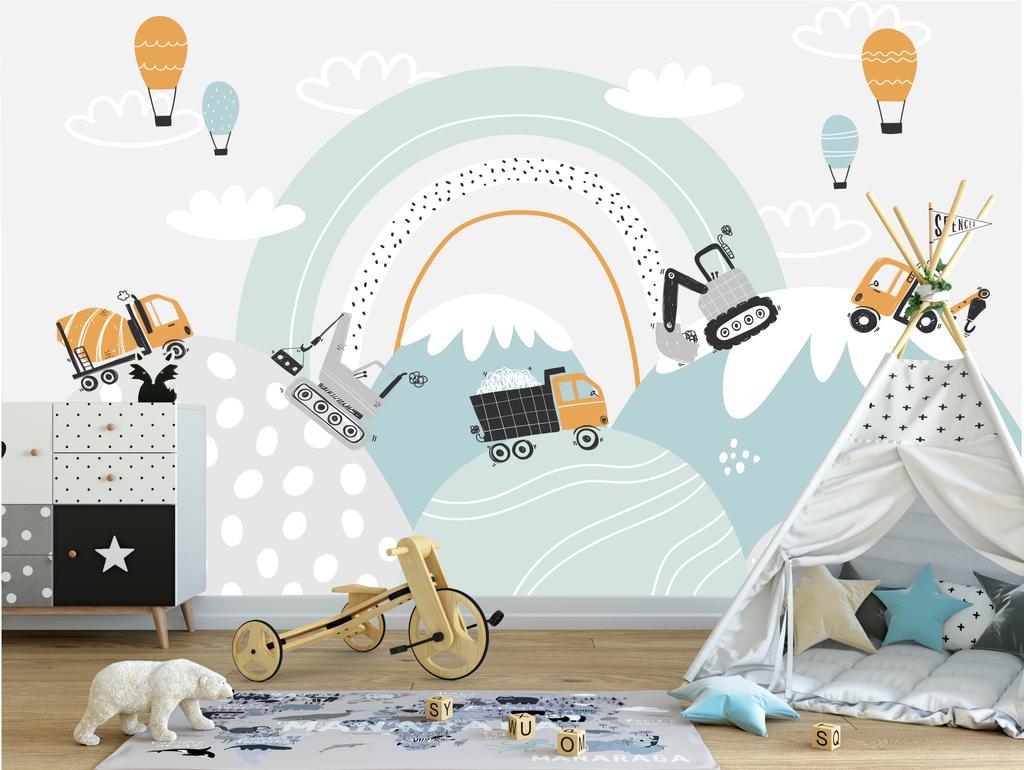 Children's Photo Wallpaper Construction Vehicles and Balloons Dump Truck Excavator DWK457 300x200