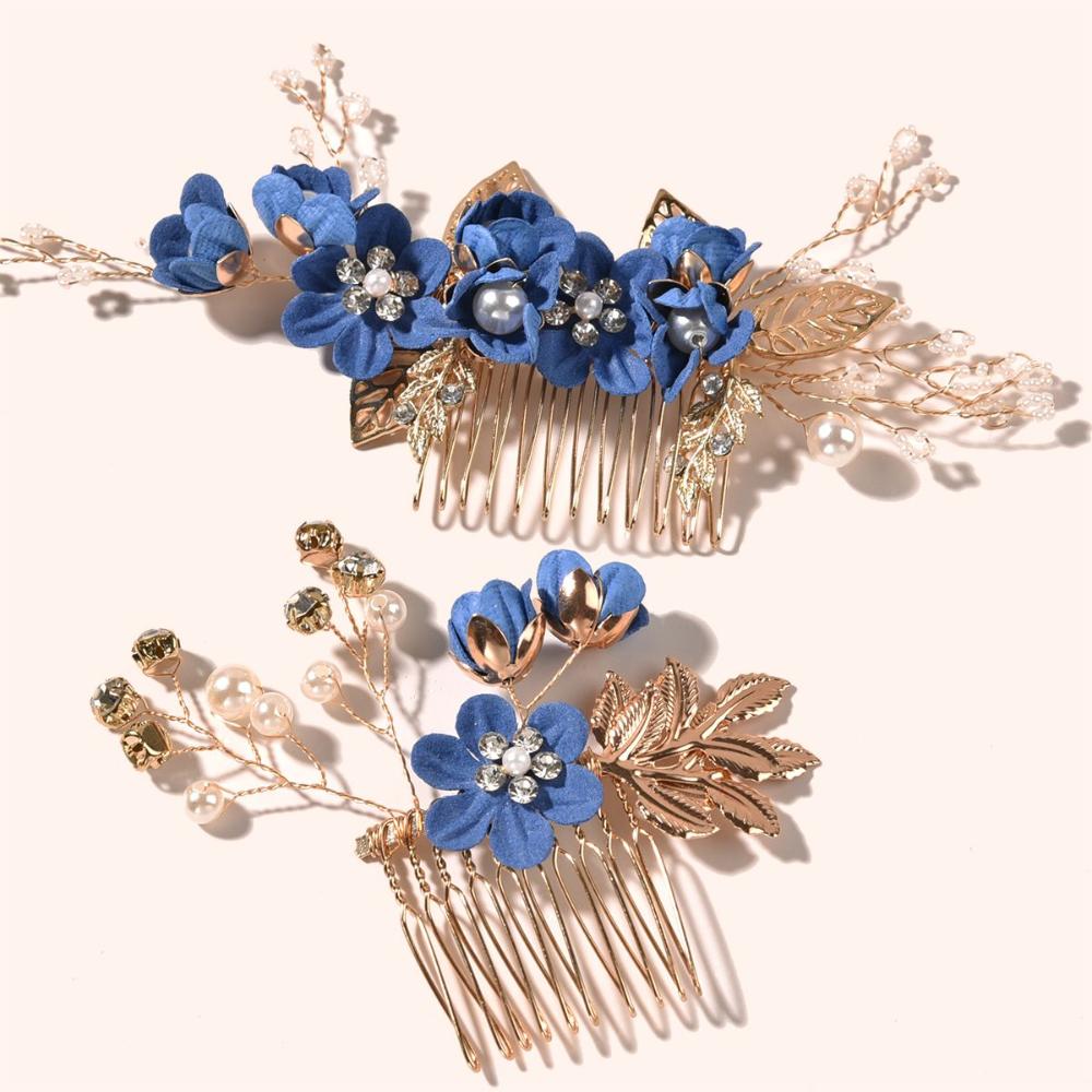 Romantic Bride Hair Jewelry Crystal Crown Wedding Blue White Bridal Clips Flower Hair Pin Hair Combs