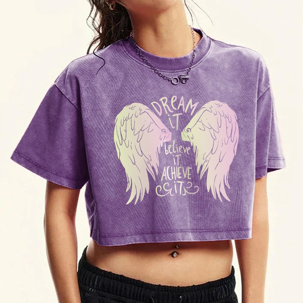 Dream It Believe It Colored Wings Print Washed T-Shirt Women Summer Soft Tee Shirts Fashion Short Sleeve Y2K Cotton Top