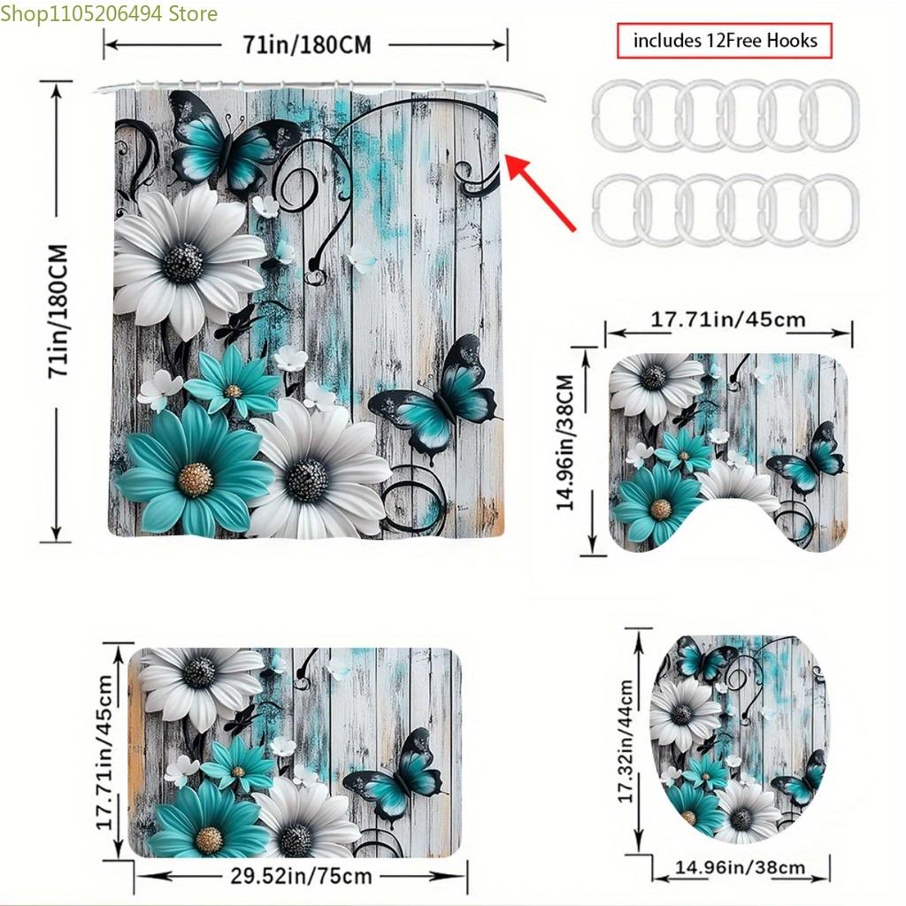 1/3/4pcs, Fashionable and simple Teal and White Floral Butterfly Bathroom Set - 2D FLAT Shower Curtain and Rug Collection Exqu