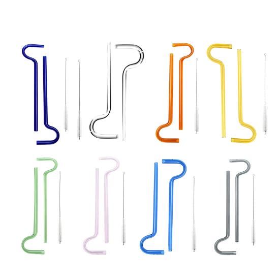 2Pcs Glass Drinking Straws with Anti-Wrinkle Glass Straws Cleaning Brush Reusable Curved Design Protects Lips Eco-Friendly