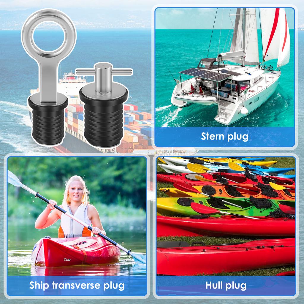 4Pcs Boat Drain Plug Kit Stainless Steel Snap Handle and T-Handle Boat Drain Twist Plug Marine Rubber Plug Sturdy Marine Boat